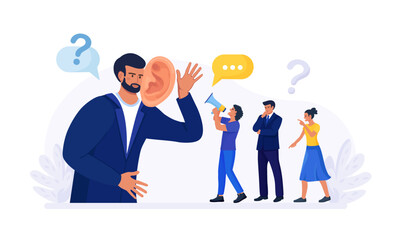 Businessman with big ear to hear people. Leader hearing voice of employees on meeting. Skill of boss to listen to advice, suggestions and opinions. Manager talking with customers, client feedback