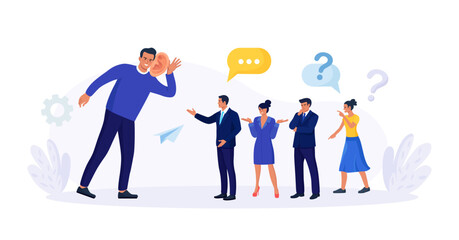 Businessman with big ear to hear people. Leader hearing voice of employees on meeting. Skill of boss to listen to advice, suggestions and opinions. Manager talking with customers, client feedback