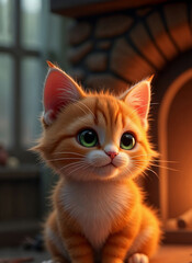 Adorable 3D cartoon cat character with big, expressive eyes and fluffy orange fur. This chubby kitten sits sweetly, embodying pure innocence and charm.