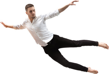 Man levitating in horizontal pose with serious face and white shirt isolated on transparent background. Concept of dynamic levitation, action, creative composition.
