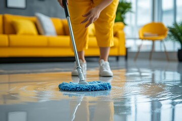 Happy female housekeeper service worker mopping the living room floor with a mop and cleaning product to ensure a spotless environment, Generative AI