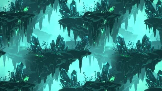 Seamless pattern of floating islands with crystals and glowing elements in a dark, teal-toned, fantasy landscape.