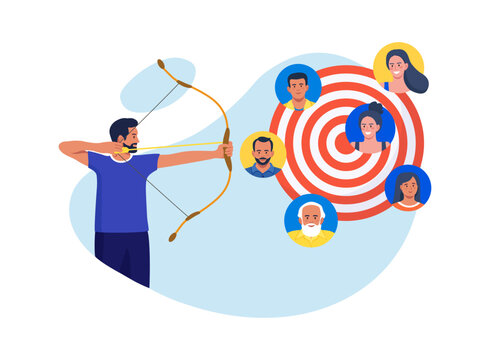 HR manager finding candidate for job vacancy. Businessman shooting bow on target with people avatar. Target audience for advertising. Leader finding customer or client. Recruitment hiring process