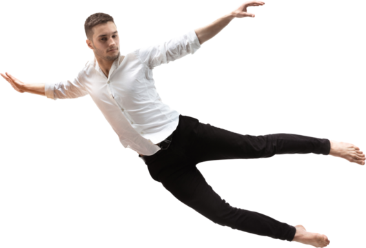 Man levitating in horizontal pose with serious face and white shirt isolated on transparent background. Concept of dynamic levitation, action, creative composition.