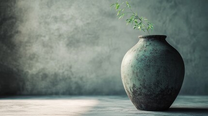 Earthy ceramic vase with delicate green sprig, against mottled concrete background