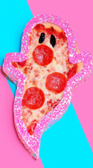 Children’s halloween menu ghost shaped pepperoni pizza glitter sparkle border fun food concept blue pink party background creative snack trendy pop art decor poster playful 2000s mockup funny kids