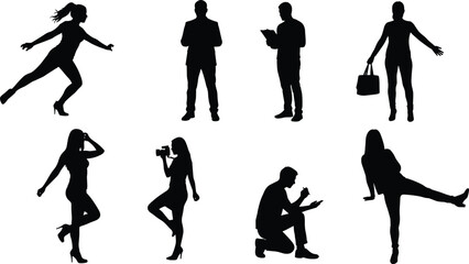 Professional gestures cad drawing flat vector illustration, eight black human silhouettes in dynamic poses with bags, camera, clipboardProfessional gestures cad drawing flat