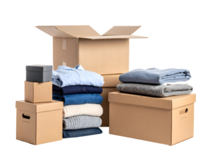Stacked boxes and folded clothes in an organized setting. Isolated transparent background