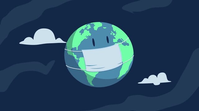 Planet Earth with face mask symbolizing global pollution and climate change awareness in animated style