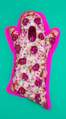 Party food concept Halloween ghost pizza spooky cheese novelty creative turquoise pink background kid holiday celebration snack fun quirky vibrant flatlay social media 90s modern mockup silly backdrop