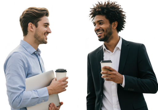 Two businessmen talking and drinking coffee isolated on transparent background