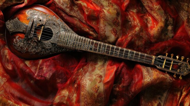 Ornate antique music instrument on red fabric