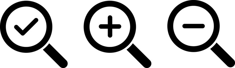 Fototapeta premium Searching success icons Zoom In and Zoom Out icons. Search icons. Magnifying Glass icons. Searching success icons. magnifier with plus and minus. loupe with check mark sign.