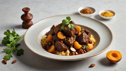 Delicious Beef Tagine with Apricots and Couscous Garnished with Cilantro