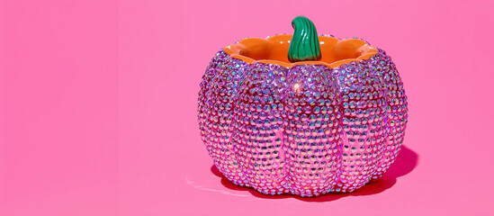 Halloween glam pumpkin sparkling rhinestone orange pink magenta festive party decor trendy fashion editorial background modern pop art social media youth celebration 2000s y2k mockup copy space blank 