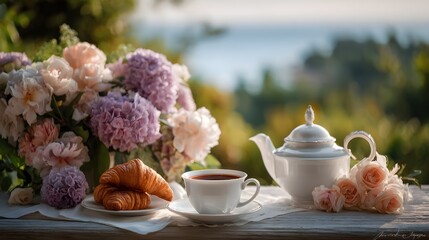 Romantic Garden Tea with Croissants and Roses – Elegant Breakfast Scene in Floral Setting with Soft Light and Serene Outdoor Atmosphere