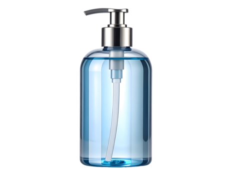 Transparent bottle with pump dispenser filled with liquid. Isolated transparent background