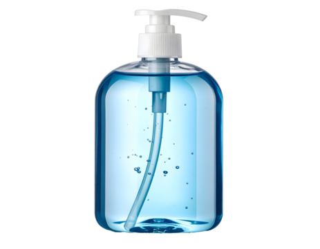 Clear bottle with pump dispenser containing blue liquid. Isolated transparent background