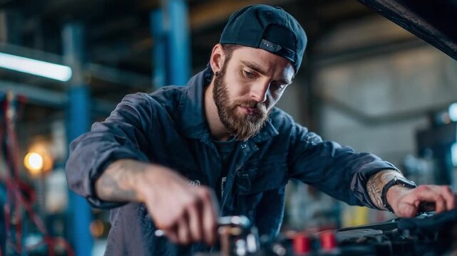 Focused Mechanic at Work: A dedicated mechanic, engrossed in his craft, meticulously inspects the inner workings of a vehicle engine, showcasing skill and attention to detail. 