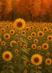 Vibrant sunflowers in autumn field.