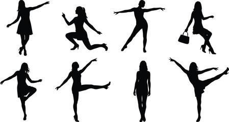 Stylish gestures cad drawing flat vector illustration, eight black silhouettes in dancing, posing, and bag-holding movements front view layoutStylish gestures cad drawing flat vector illustration