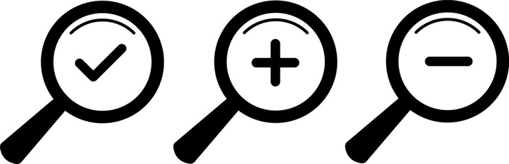 Zoom In and Zoom Out icons. Search icons. Magnifying Glass icons. Searching success icons. magnifier with plus and minus.  loupe with check mark sign.
