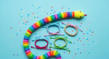 A colorful rainbow snake toy with friendship bracelets and confetti on a blue background