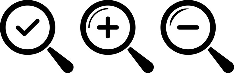 Fototapeta premium Zoom In and Zoom Out icons. Search icons. Magnifying Glass icons. Searching success icons. magnifier with plus and minus. loupe with check mark sign. 