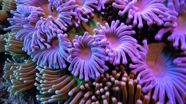 Luminous anemone forest in neon tidepool beneath limestone arch of secret coral cave lagoon

