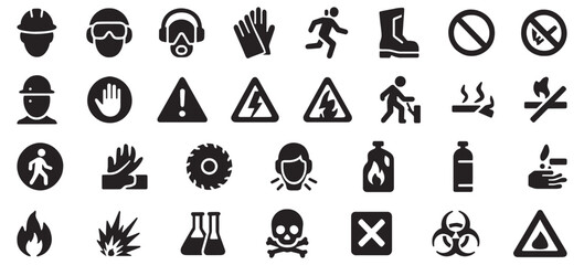 Industrial Safety Label Glyph Icons – Bold and Unique Black Vector Symbols for Workplace Hazards, PPE, Warning Signs, and Compliance Labels