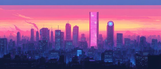 Colorful cityscape at sunset stylized architecture and illuminated skyscrapers