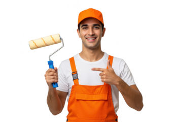 A happy painter in orange overalls is pointing at a paint roller, isolated on transparent background
