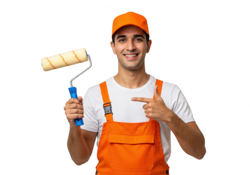 A happy painter in orange overalls is pointing at a paint roller, isolated on transparent background
