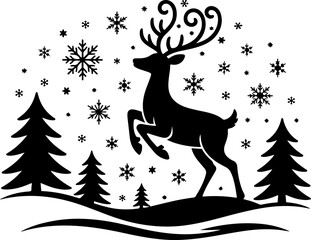 Christmas Silhouette Card – Deer, Ornaments, and Gifts Under Tree | Premium AI Vector