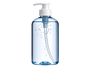 Fototapeta premium Clear plastic bottle with pump dispenses liquid with bubbles. Isolated transparent background