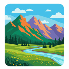 Obraz premium Scenic mountain view shows winding stream and evergreen trees under blue sky. Mountain view offers peaceful scene with mountains under fluffy clouds.