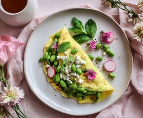 spring omelette wrap on a white plate, filled with fresh green vegetables like asparagus, snap peas, edamame and radishes, garnished