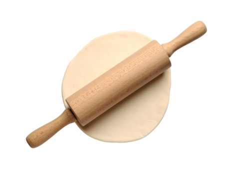 Wooden rolling pin on flat dough round. Isolated transparent background