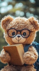 Teddy bear reading book outdoors