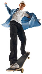 Confident young skateboarder balances on board with serious expression and wide stance, on...