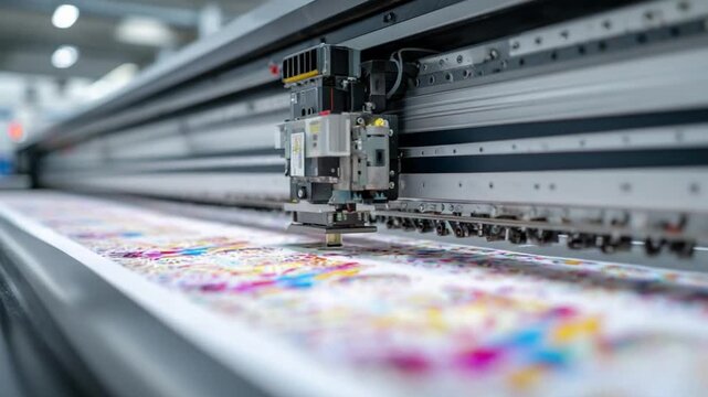Digital Printing in Action: A close-up shot of a high-tech digital printer in operation, creating vibrant, colorful prints with precision, reflecting the modern printing industry.