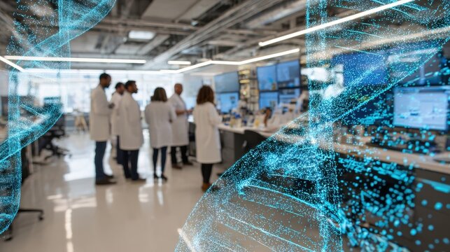 A group of researchers collaborating in a modern lab surrounded by DNA strands and digital displays showing genetic sequences. The image highlights the innovative approach to personalized