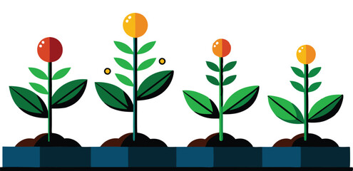 A illustrations depicting the stages of plant growth, from seed to fully bloomed flower, often with elements of human interaction like watering can