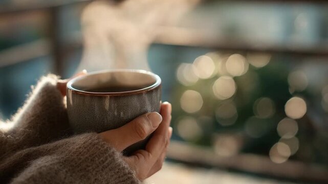 Cozy Winter Morning: Warm hands holding a steaming mug of tea or coffee, creating a comforting and peaceful winter morning atmosphere.