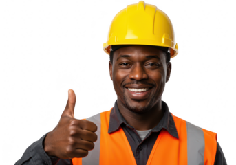 A smiling construction worker in a yellow hard hat and orange safety vest gives a thumbs up, isolated on transparent background