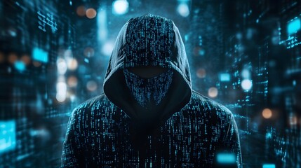 Cybersecurity Enigma: A cloaked figure immersed in a digital realm, epitomizing the elusive nature of cybersecurity threats. The enigmatic figure is engulfed by binary code.