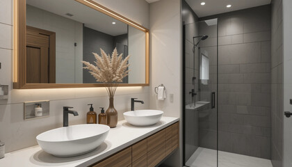 Modern minimalist bathroom interior with wood panel wall, asymmetrical mirror, dual sinks, and walk-in stone shower under warm ambient lighting. 3D Rendering