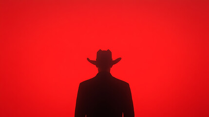 A silhouetted figure against a bold red backdrop, wearing a traditional hat and suit. Mystery and intrigue are evoked. A classic, striking, and strong visual.