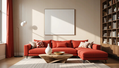 Modern interior with red sofa and minimalist decor in cozy living room featuring blank frame and natural lighting on beige background. 3D Rendering