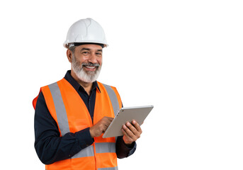 A construction engineer in a hard hat uses a tablet on a construction site, isolated on transparent background